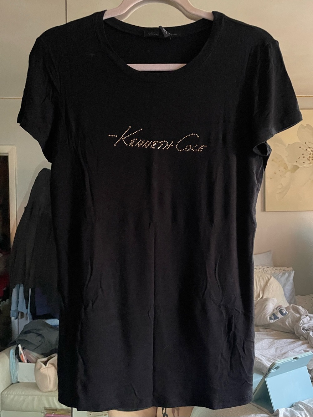 Kenneth Cole Black Short Sleeve Tee with Gold Logo Rhinestones
